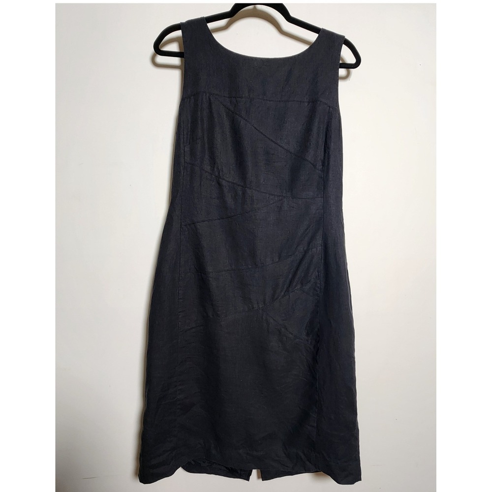 Vtg Linen Shift Dress Sz 8 Knee Length Seam Detail Sleeveless Lined Slit Black